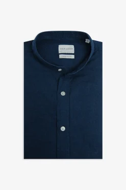 Camicia coreana misto lino blu