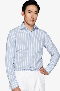 Camicia misto lino a righe celeste