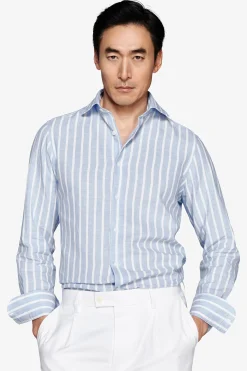 Camicia misto lino a righe celeste