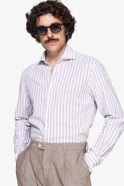 Camicia misto lino a righe tortora