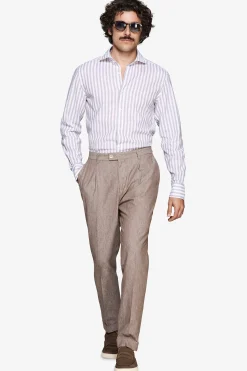 Camicia misto lino a righe tortora