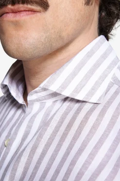 Camicia misto lino a righe tortora