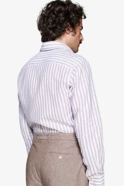 Camicia misto lino a righe tortora