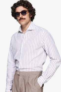 Camicia misto lino a righe tortora