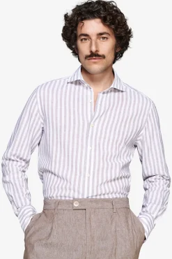 Camicia misto lino a righe tortora