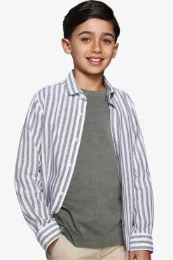 Camicia misto lino a righe verde Kids