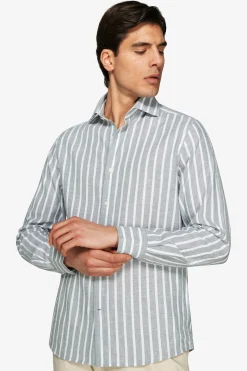 Camicia misto lino a righe verde