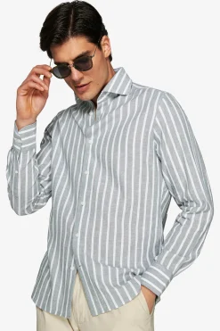 Camicia misto lino a righe verde