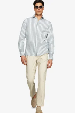 Camicia misto lino a righe verde