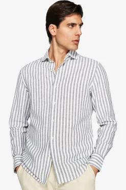Camicia misto lino a righe verde