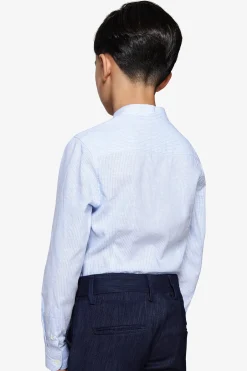 Camicia misto lino coreana a righe celeste Kids