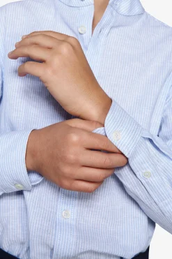 Camicia misto lino coreana a righe celeste Kids