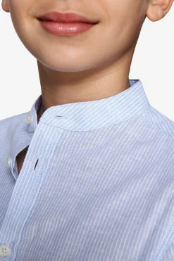 Camicia misto lino coreana a righe celeste Kids