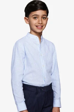 Camicia misto lino coreana a righe celeste Kids