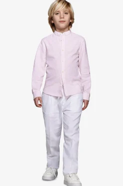 Camicia misto lino coreana a righe rosa Kids