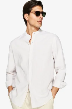 Camicia misto lino coreana a righe sabbia