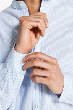 Camicia misto lino coreana a righe celeste