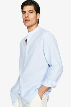 Camicia misto lino coreana a righe celeste