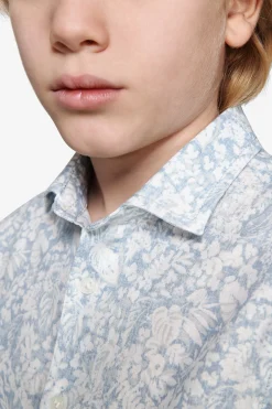 Camicia misto lino stampa fiori celeste Kids