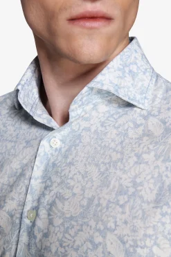 Camicia misto lino stampa fiori celeste