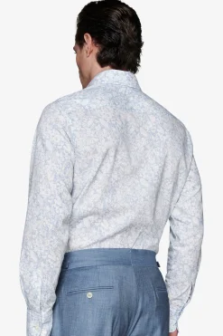 Camicia misto lino stampa fiori celeste