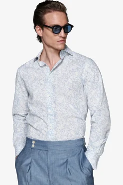 Camicia misto lino stampa fiori celeste