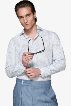 Camicia misto lino stampa fiori celeste