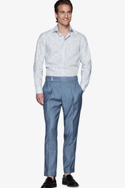 Camicia misto lino stampa fiori celeste