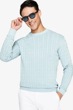 Maglia girocollo treccia costa piatta celeste