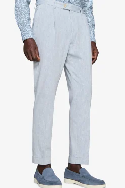 Pantaloni misto lino fiammati celesti