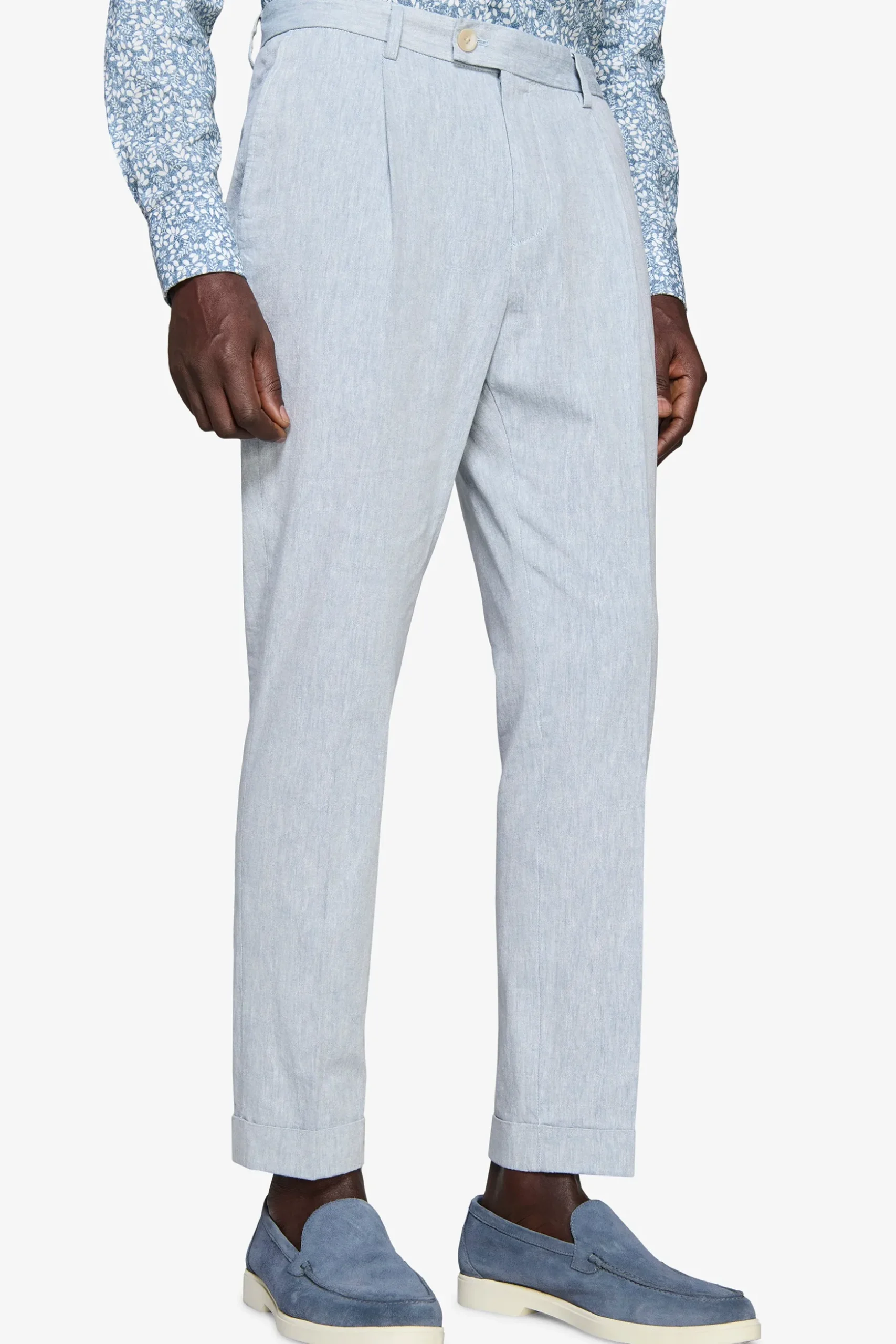 Pantaloni misto lino fiammati celesti