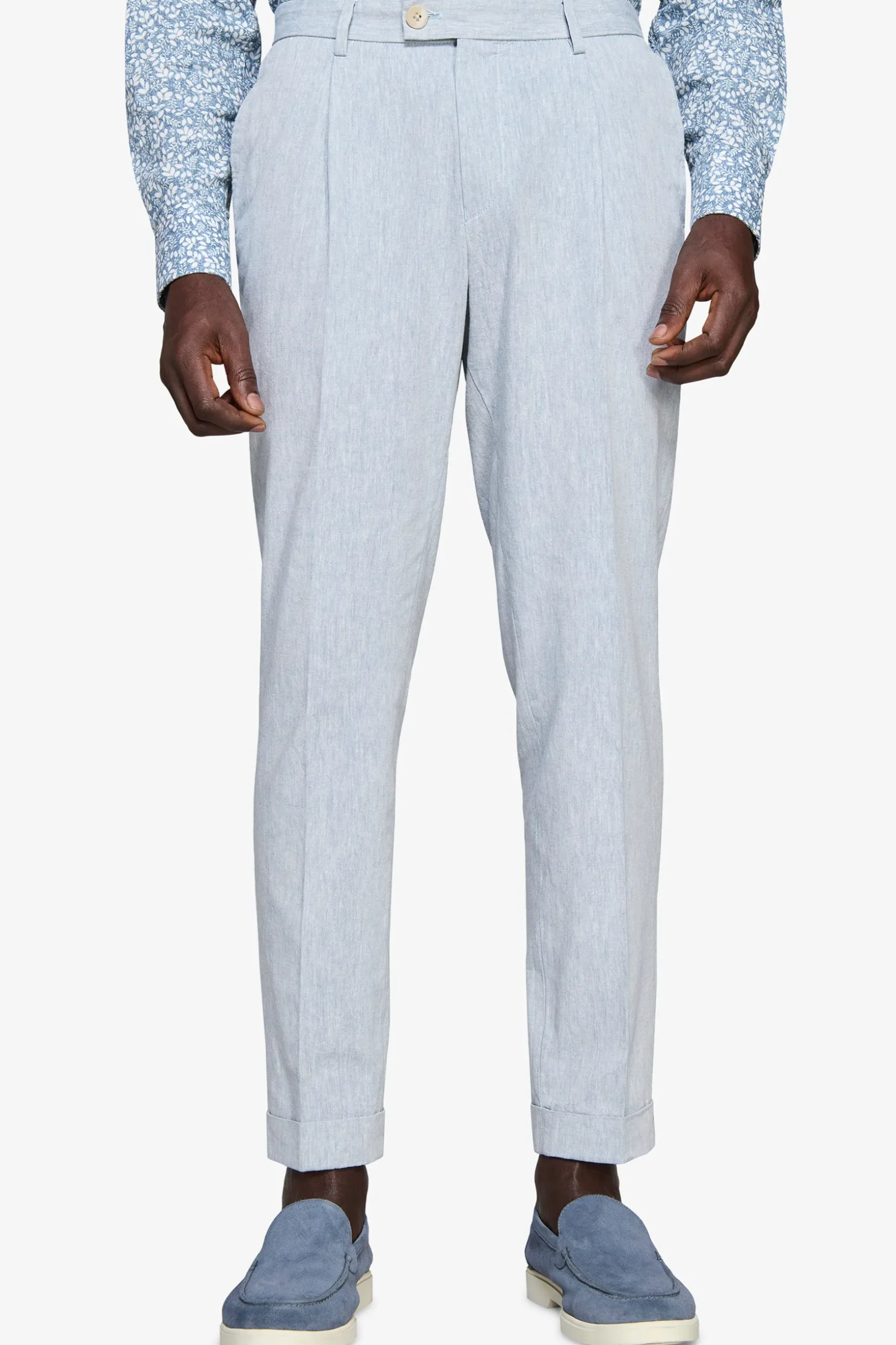Pantaloni misto lino fiammati celesti